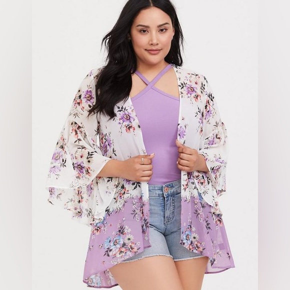 torrid Jackets & Blazers - Torrid coffin circle sleeve kimono floral print white purple blue black pink